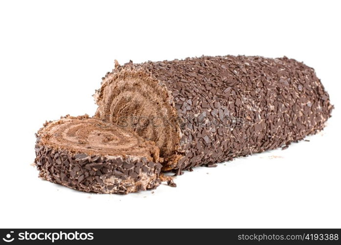 Chocolate Swiss roll closeup isolated on a white background