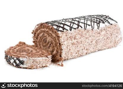 Chocolate Swiss roll closeup isolated on a white background