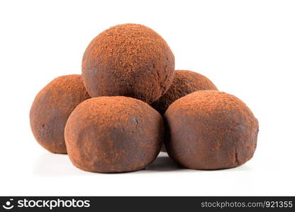 Chocolate truffles isolated on white background.