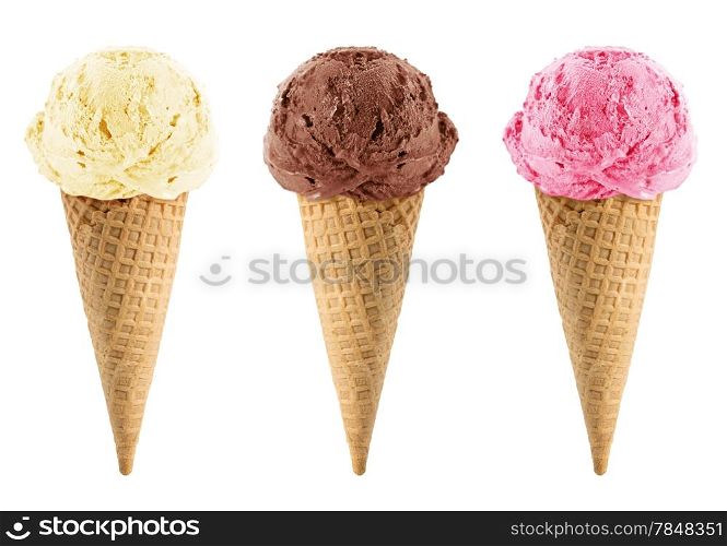 Chocolate, vanilla and strawberry Ice cream in the cone on white background with clipping path.