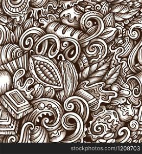 Chocolate vector hand drawn doodles seamless pattern. Sweet food graphics background design. Cocoa cartoon trace illustration.. Chocolate vector hand drawn doodles seamless pattern.