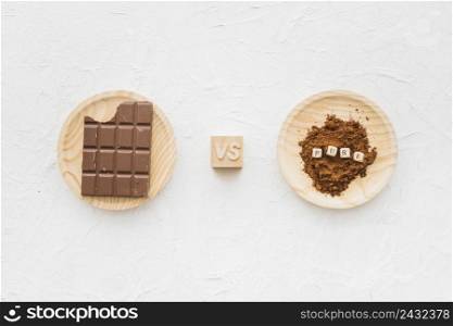 chocolate versus cocoa powder with pure cubic blocks