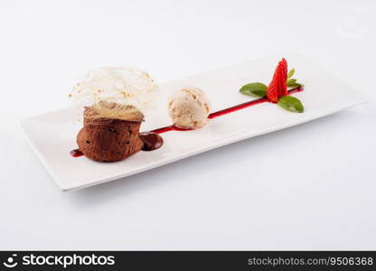 chocolate volcano with vanilla ice cream and strawberry