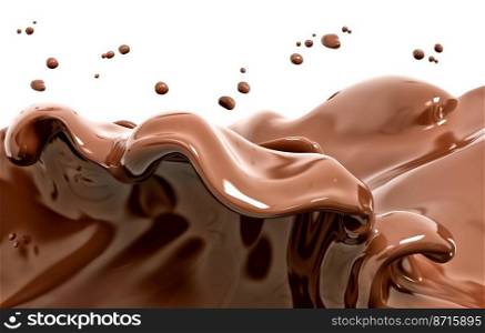Chocolate wave or flow, hot melted milk chocolate sauce or syrup, cocoa drink or cream, abstract dessert background, choco splash, drink dessert, isolated, 3d rendering