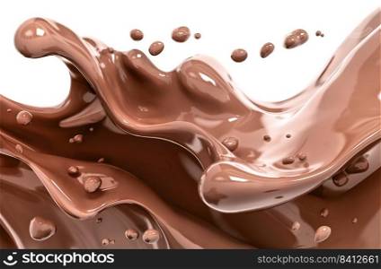 Chocolate wave or flow splash, hot melted milk chocolate sauce or syrup, cocoa drink or cream, abstract dessert background, choco splash, drink dessert, isolated, 3d rendering