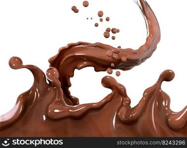 Chocolate wave or flow splash, pouring hot melted milk chocolate sauce or syrup, cocoa drink or cream,  abstract dessert background, choco splash, drink dessert, isolated, 3d rendering