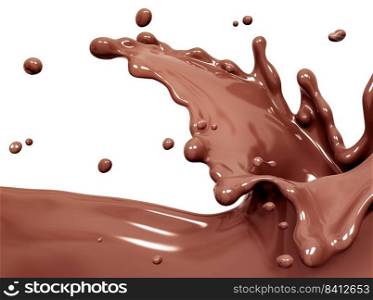 Chocolate wave or flow splash, pouring hot melted milk chocolate sauce or syrup, cocoa drink or cream, abstract swirl dessert background, choco splash, drink dessert, isolated, 3d rendering