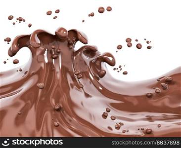 Chocolate wave or flow splash, pouring hot melted milk chocolate sauce or syrup, cocoa drink or cream, abstract dessert background, choco splash, drink dessert, isolated, 3d rendering