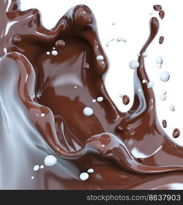 Chocolate wave or flow with drops and splatters, hot melted milk chocolate sauce or syrup, cocoa drink or cream, abstract dessert background, choco splash, drink dessert, isolated, 3d rendering