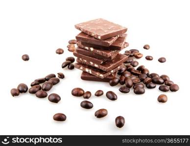Chocolate with coffee on white background.