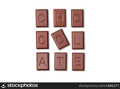 Chocolate word made from chocolate cubes on white background