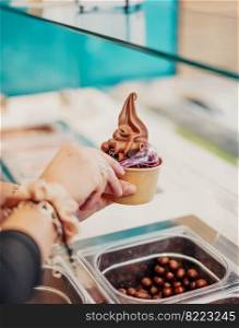 Chocolate yogurt ice cream with syrup
