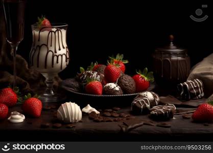 Chocolates and strawberry fruits on the plate with black background made with Generative AI