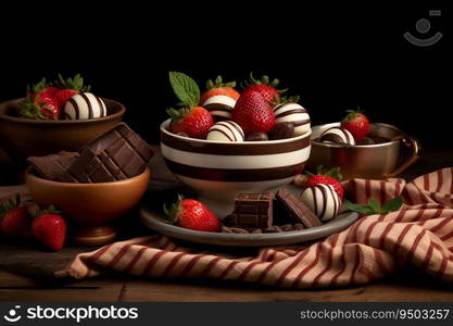 Chocolates and strawberry fruits on the plate with black background made with Generative AI