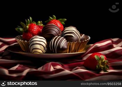 Chocolates and strawberry fruits on the plate with black background made with Generative AI