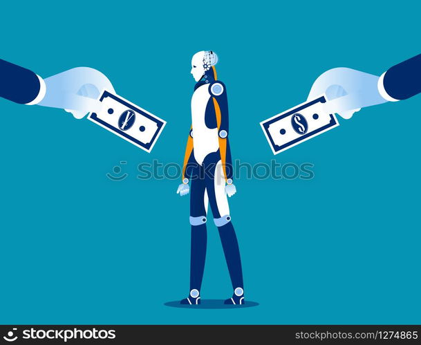 Choice. Business corporate buy technology between currencies. Concept business vector illustration, currency, flat style, cartoon character