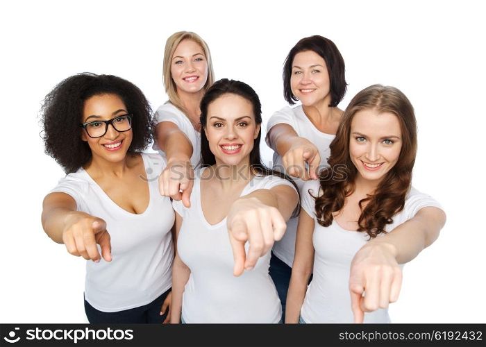choice, friendship, body positive, gesture and people concept - group of happy different size women in white t-shirts pointing finger on you