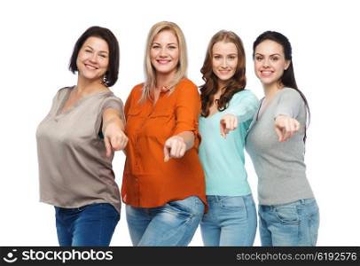 choice, friendship, fashion, diverse people concept - group of happy plus size women in casual clothes pointing finger on you