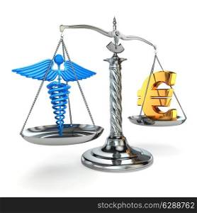 Choice health or money. Caduceus and euro signs on scales. 3d