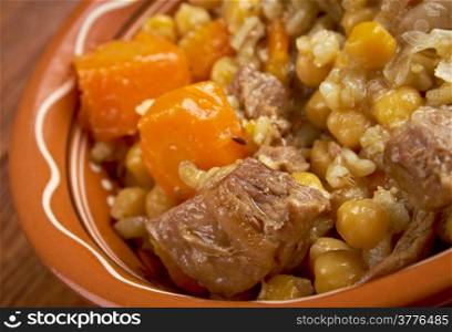 Cholent or Hamin - is a traditional Jewish stew. basic ingredients of cholent are meat, potatoes, beans and barley.