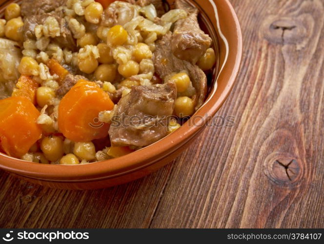 Cholent or Hamin - is a traditional Jewish stew. basic ingredients of cholent are meat, potatoes, beans and barley.