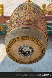 Chonburi, Thailand - 05 Feb 2022   Traditional Chinese Big drum at Wihan Thep Sathit Phra Ki Ti Chaloem temple or Naja shrine.  Selective focus.