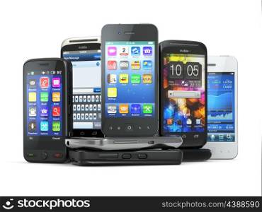 Choose mobile phone. Pile of new cellphones. 3d