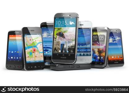 Choose mobile phone. Row of the different smartphones. 3d