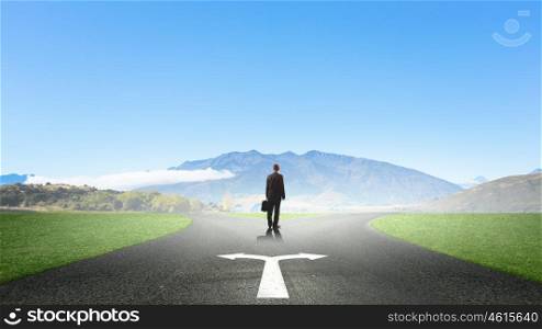 Choose your way. Back view of businessman standing on crossroads and making choice