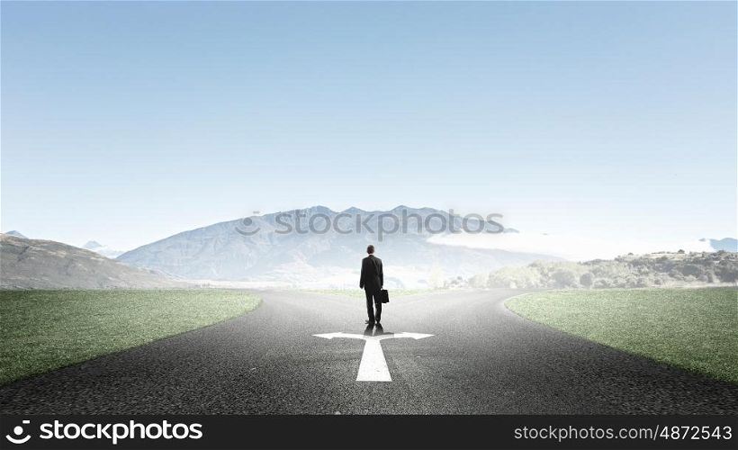 Choose your way. Back view of businessman standing on crossroads and making choice