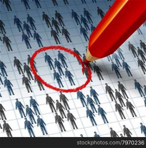 Choosing a team concept with a red pencil highlighting a drawing of a group of business people as a teamwork symbol of selecting the best social network for marketing and communication success in the internet age.