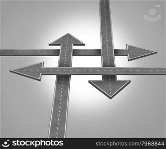 Choosing direction business concept with a group of roads in the shape of arrows that are pointing in many opposite directions as an icon of journey confusion and planning strategy decision stress.
