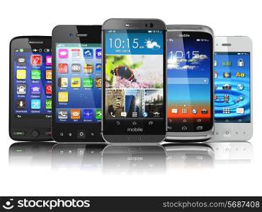 Choosing of mobile phone. Different modern smartphones with touchscreen and colorful apps isolated on white background. 3d