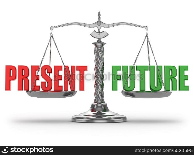 Choosing present or future. Scales on white isolated background. 3d