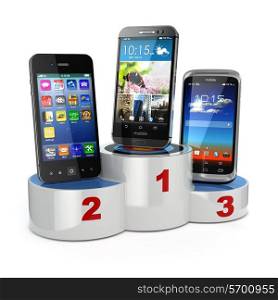 Choosing the best cellphone or comparison mobile phones. Smartphones on the podium. 3d
