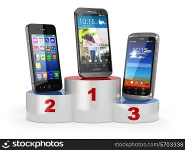 Choosing the best cellphone or comparison mobile phones. Smartphones on the podium. 3d