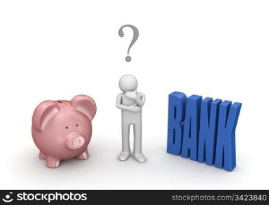 Choosing whether open bank account or leave in piggybank (3d isolated on white background characters series)