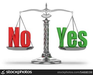 Choosing yes or no. Scales on white isolated background. 3d