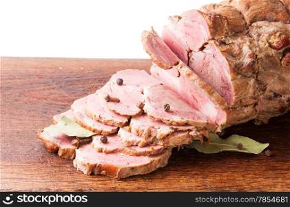 Chopped Boiled Pork On Wooden Board With Spices Isolated On Whote Background
