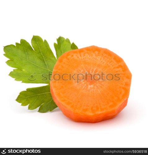 Chopped carrot slice and parsley herb leaves still life isolated on white background cutout