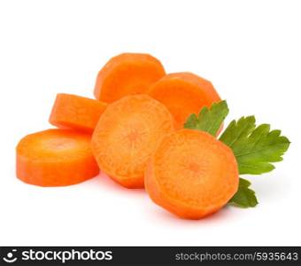 Chopped carrot slices and parsley herb leaves still life isolated on white background cutout
