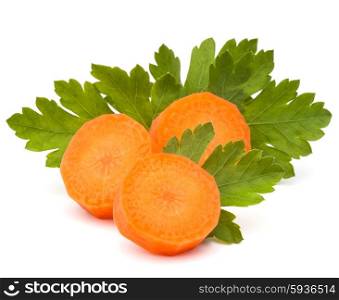 Chopped carrot slices and parsley herb leaves still life isolated on white background cutout