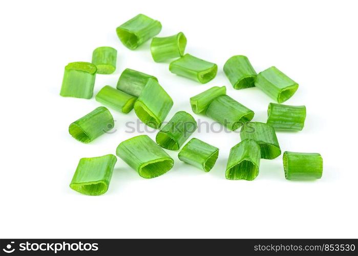 Chopped green onions isolated on white background in close-up