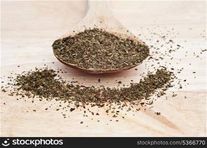 Chopped mint leaves on wooden serving spoon with shallow depth of field