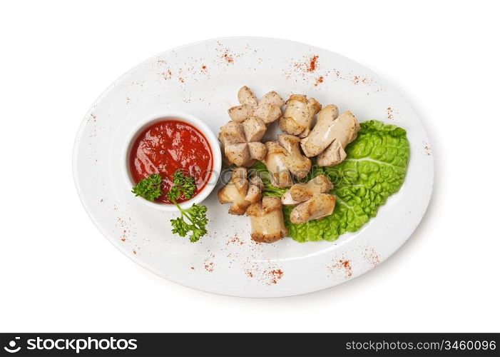 chopped sausages fried with vegetables and spices isolated on white background
