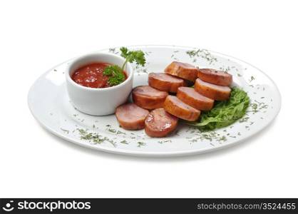 chopped sausages fried with vegetables and spices isolated on white background