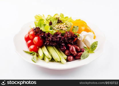 chopped tomatoes, cucumbers, peppers and mozzarella