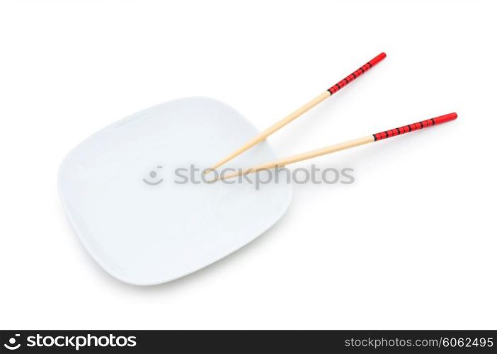 Chopsticks and plate on the bamboo mat