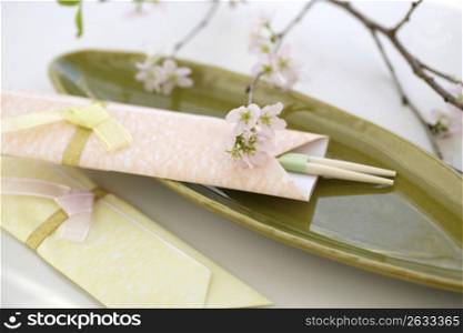 Chopsticks on a green plate