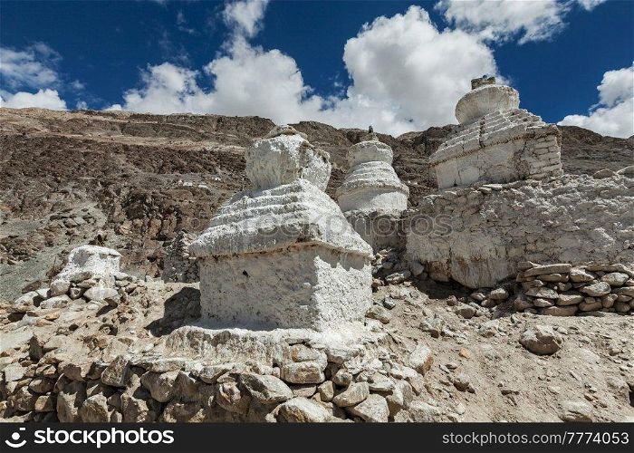 Chortens  Tibetan Buddhism stupas  in Himalayas. Nubra valley, Ladakh, India. Chortens Tibetan Buddhism stupas in Himalayas